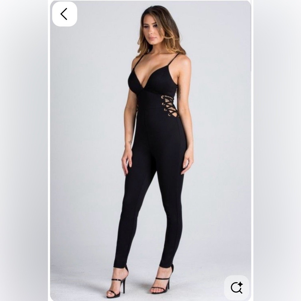 a'gaci Black Lace-Up Spaghetti Strap Jumpsuit